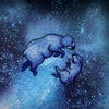 Front view of Big Bear and Small Bear constellations cross stitch pattern. Mama bear is looking at her cub, that is sleeping. The bears follow the shapes of the constellations, which are white. The bears are blue on a starry background.