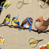 Flatlay of Winter Birds cross stitch pattern. Stitched item is surrounded by decorations. Finished piece is of medium to large size. Colors are yellow, brown, orange, blue, green, white. There are four birds sitting on a branch wearing winter gear.