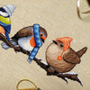 Closeup of Winter Birds cross stitch pattern. Two of the four birds are depicted, these are the robin and wren. Colors are yellow, brown, orange, blue, green and white. Robin is wearing a scarf and the wren is wearing a hat with dangly pompoms.