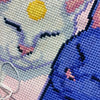 Extreme closeup of Sun and Moon cats cross stitch pattern and picture of the work in progress, with needle and thread displayed. Both cats have their eyes closed. Stitches are neat and tidy. Shading is done in complementary colors like lilac.